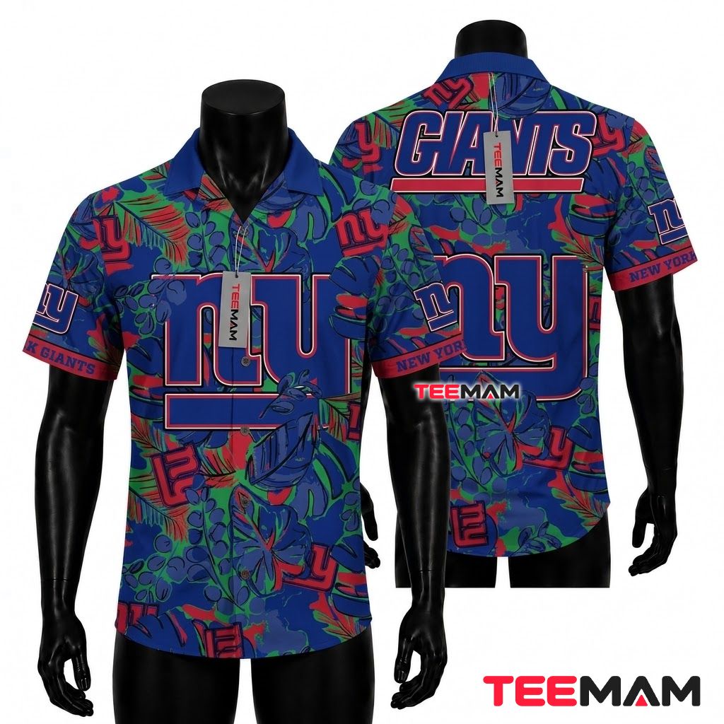 New York Giants Hawaiian Shirt Tropical Floral Front