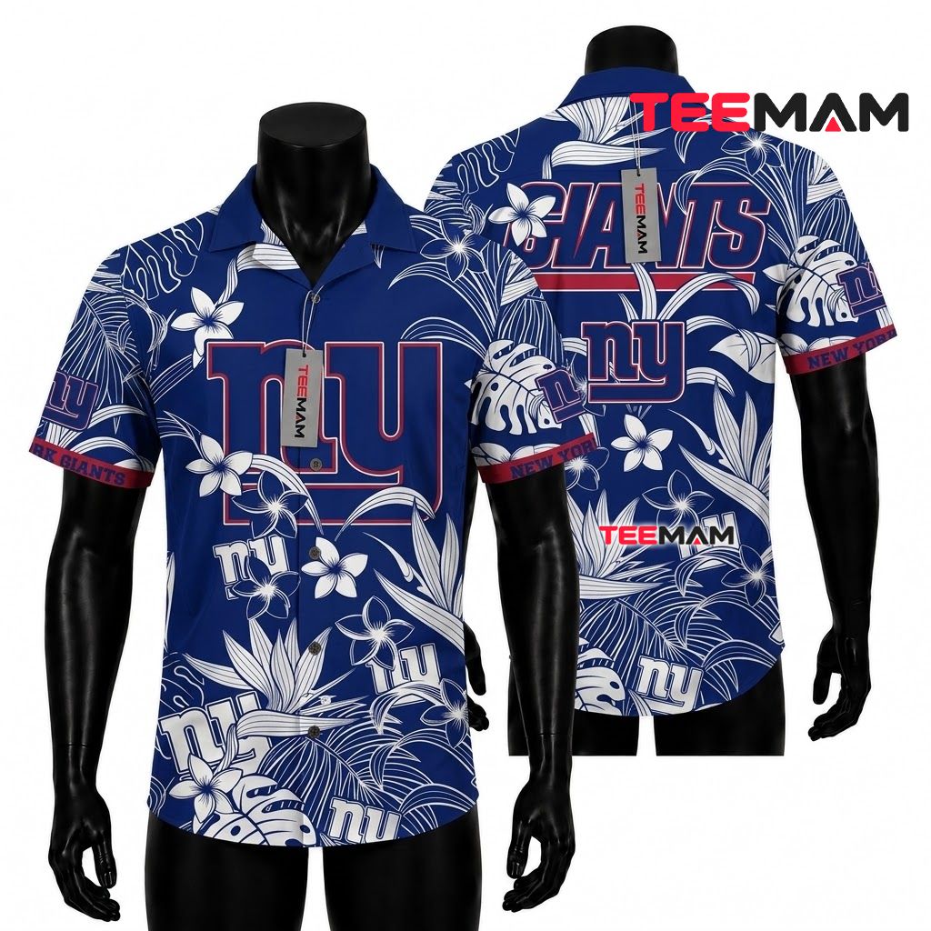 New York Giants Hawaiian Shirt White Botanical Beach Front