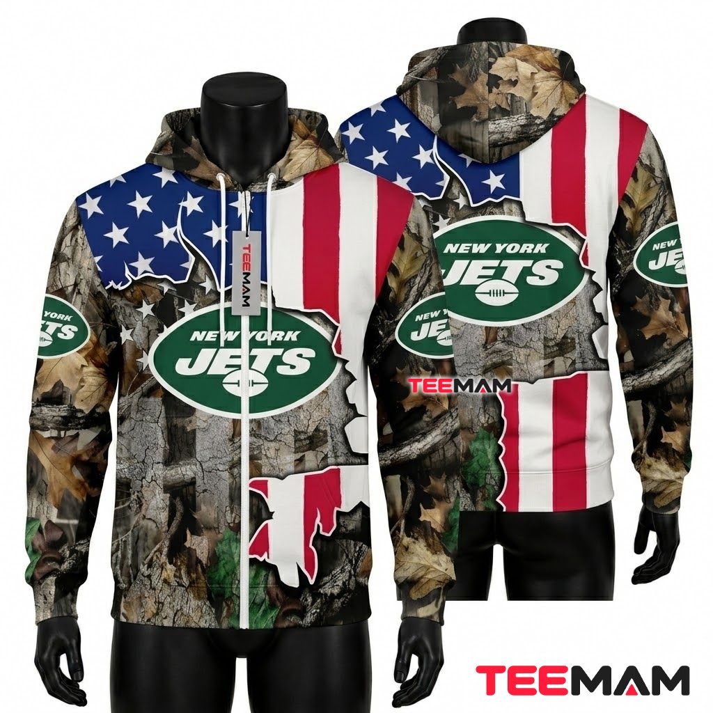New York Jets 3D Hoodie American Flag Camo Realtree Pattern Front