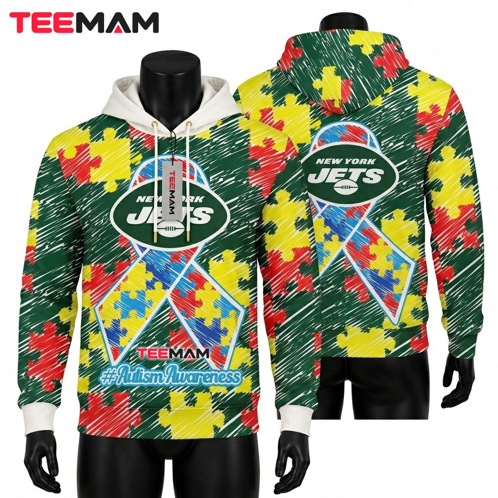 New York Jets 3D Hoodie Autism Awareness Puzzle Ribbon Front