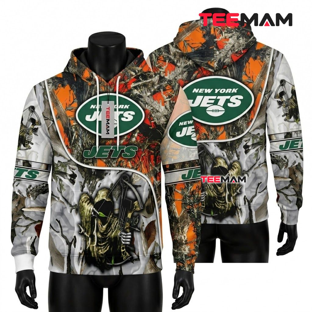 New York Jets 3D Hoodie Bowhunter Skull Blaze Camo Front