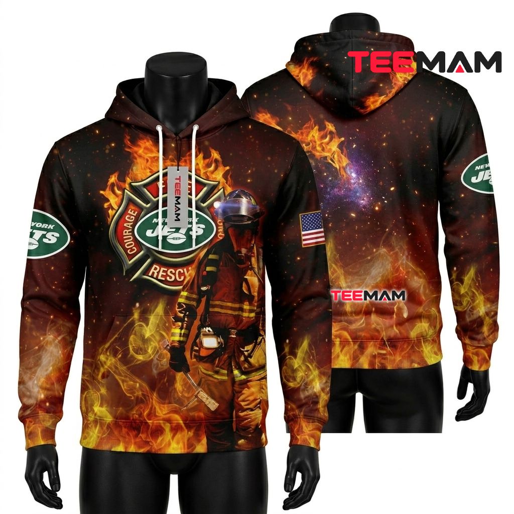New York Jets 3D Hoodie Firefighter Rescue Flame Badge Front