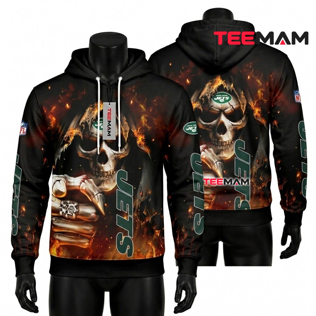 New York Jets 3D Hoodie Flaming Skull Cracking Through Front