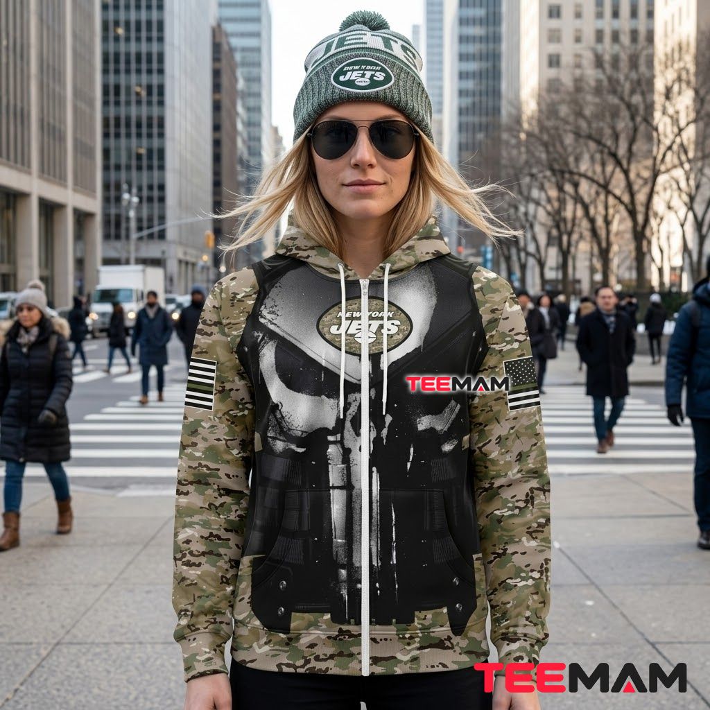 New York Jets 3D Hoodie Military Skull Armor Vest Back New York Jets 3D Hoodie Military Skull Armor Vest Back