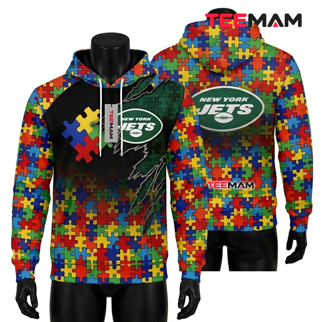 New York Jets 3D Hoodie Puzzle Piece Claw Mark Front