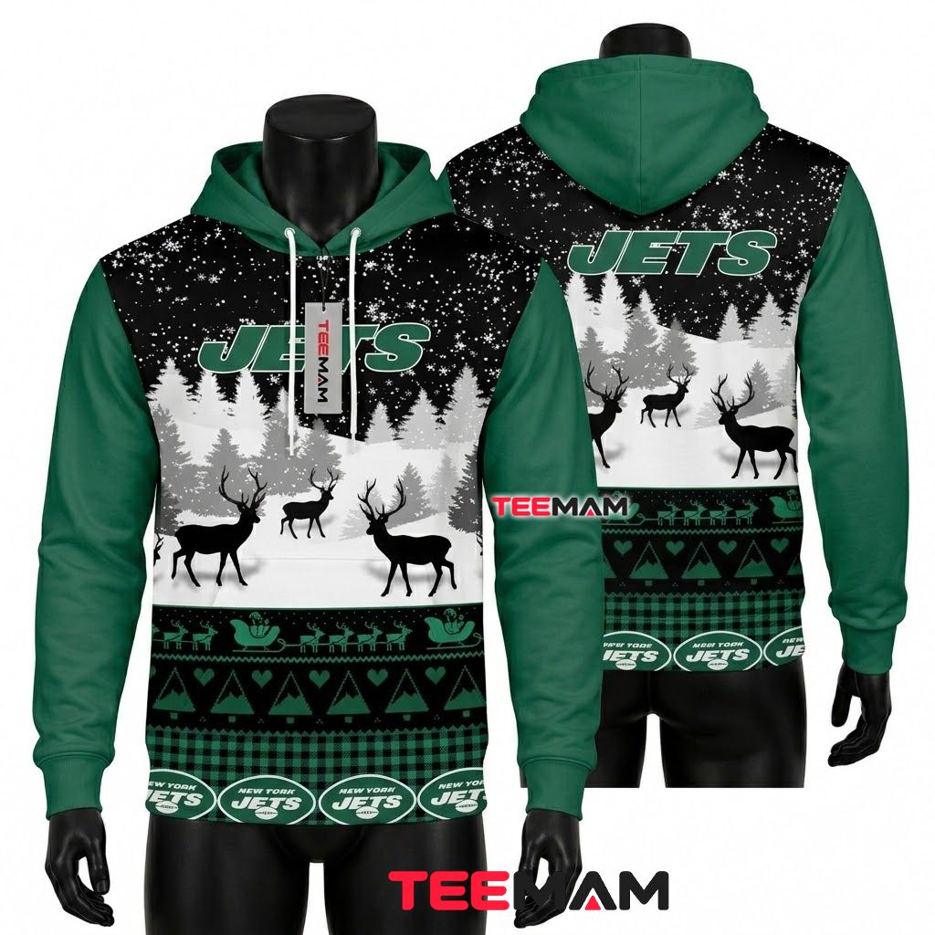 New York Jets 3D Hoodie Reindeer Snowy Forest Christmas Front