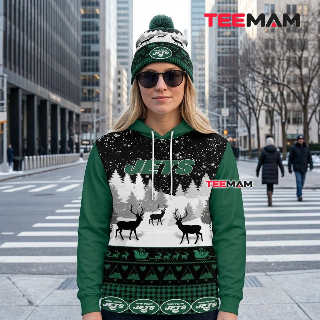 New York Jets 3D Hoodie Reindeer Snowy Forest Christmas Back New York Jets 3D Hoodie Reindeer Snowy Forest Christmas Back