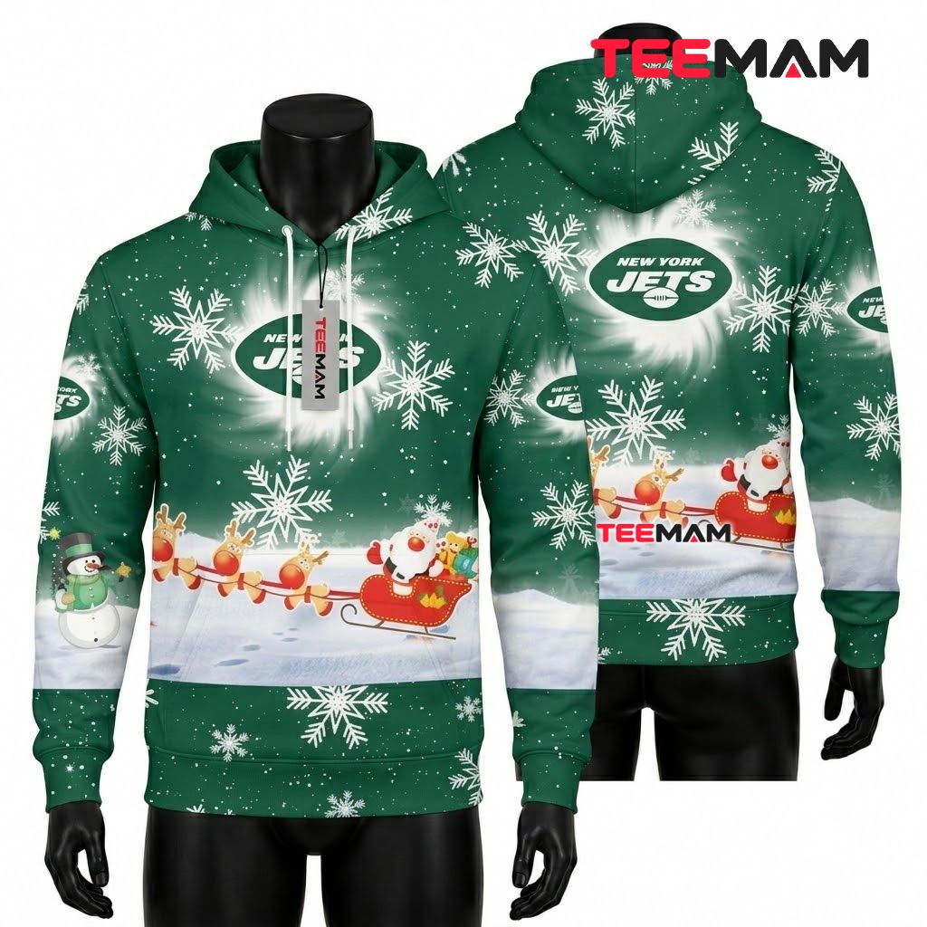 New York Jets 3D Hoodie Santa Sleigh Snowflake Christmas Front