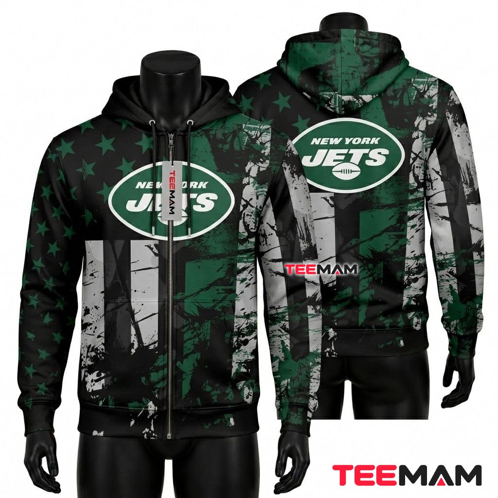 New York Jets 3D Hoodie Splatter Star Flag Design Front