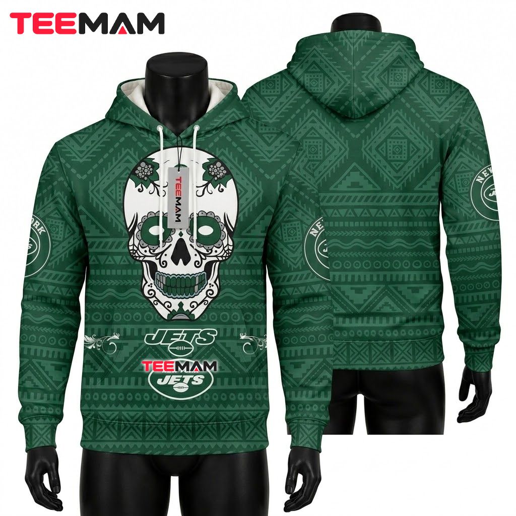 New York Jets 3D Hoodie Sugar Skull Aztec Pattern Front