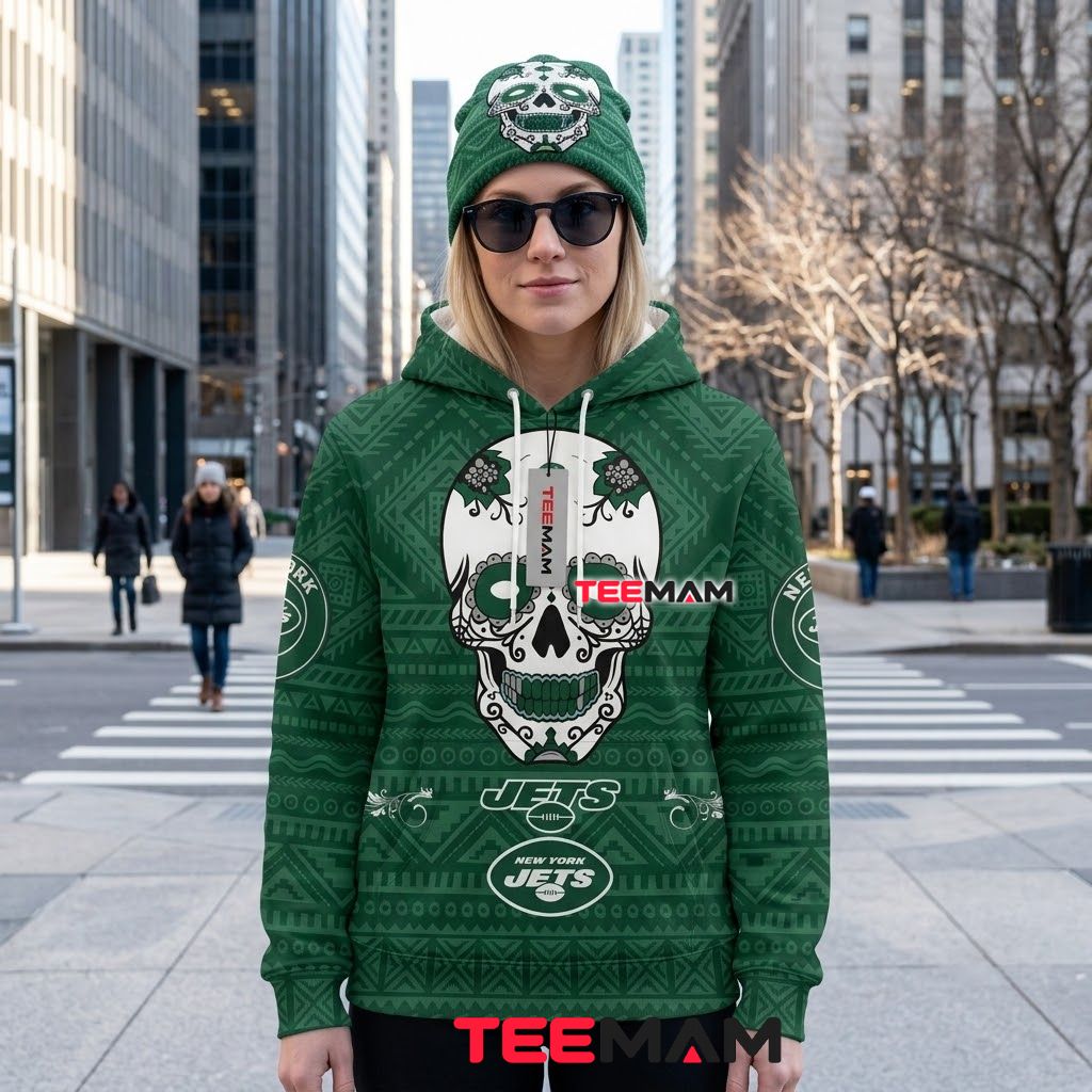 New York Jets 3D Hoodie Sugar Skull Aztec Pattern Back New York Jets 3D Hoodie Sugar Skull Aztec Pattern Back