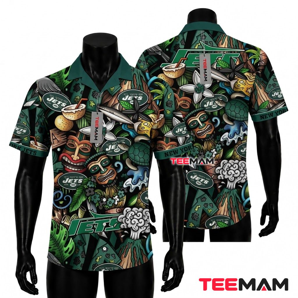 New York Jets Aloha Shirt Tiki Jungle Front