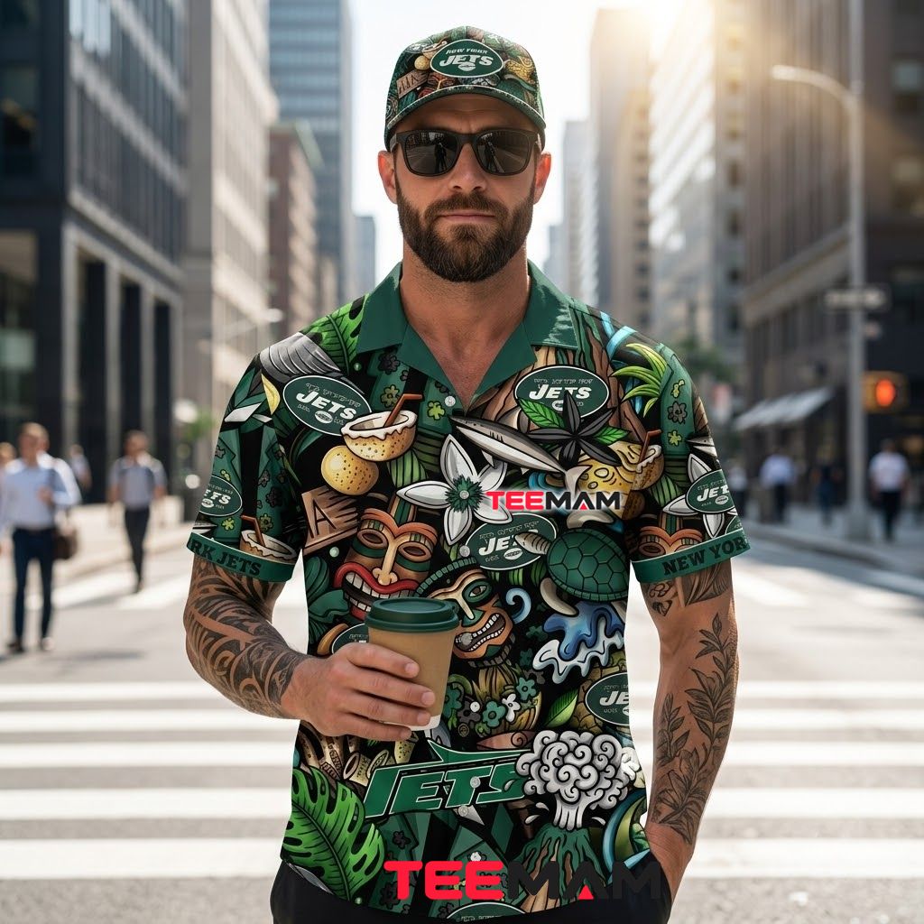 New York Jets Aloha Shirt Tiki Jungle Back New York Jets Aloha Shirt Tiki Jungle Back