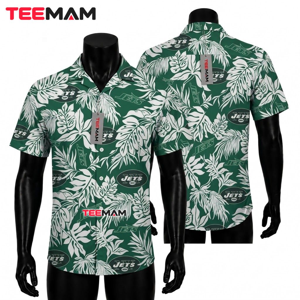 New York Jets Aloha Shirt White Botanical Front