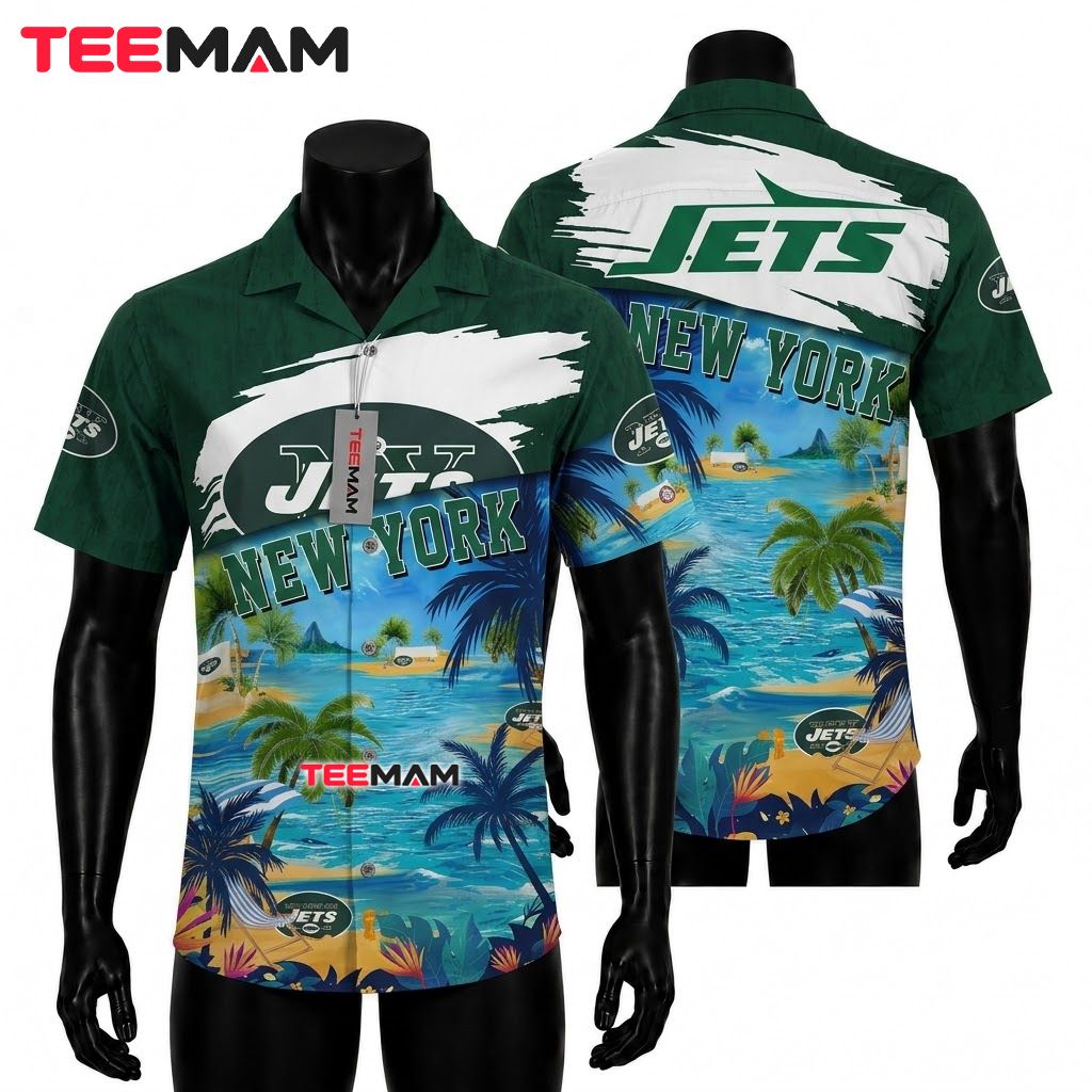 New York Jets Button Up Shirt Custom Name Tropical Island Beach Front