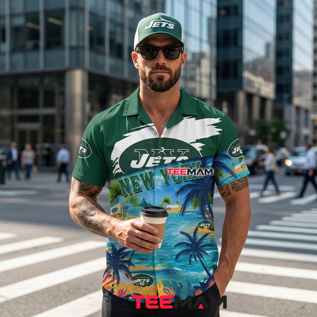 New York Jets Button Up Shirt Custom Name Tropical Island Beach Back New York Jets Button Up Shirt Custom Name Tropical Island Beach Back