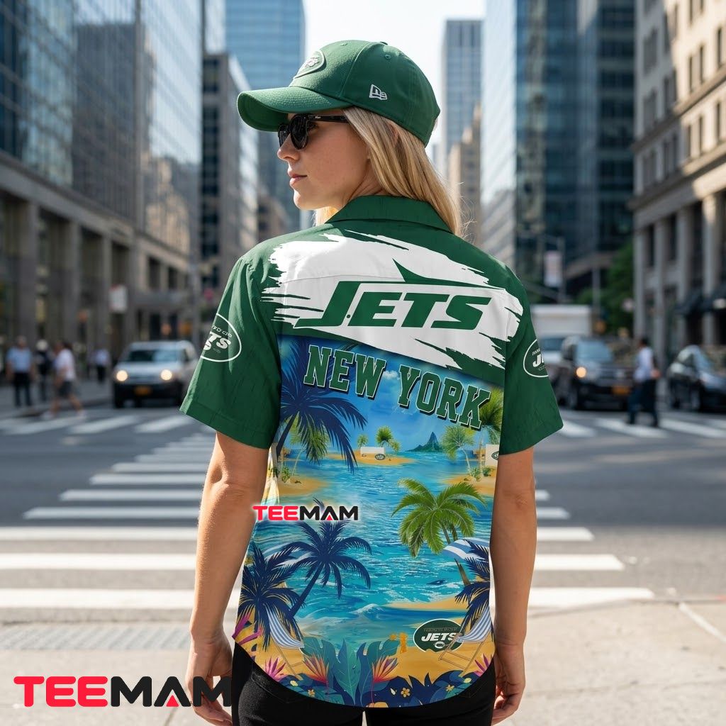 New York Jets Button Up Shirt Custom Name Tropical Island Beach Version 3 New York Jets Button Up Shirt Custom Name Tropical Island Beach Version 3