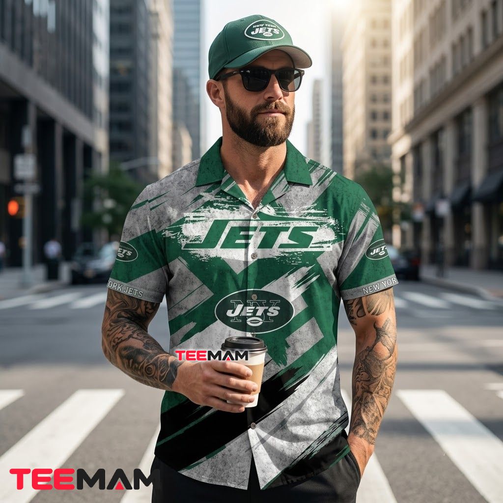 New York Jets Button Up Shirt Grunge Brushstroke Back New York Jets Button Up Shirt Grunge Brushstroke Back