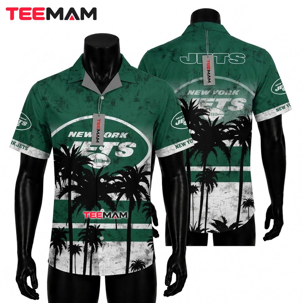 New York Jets Button Up Shirt Palm Silhouette Beach Front