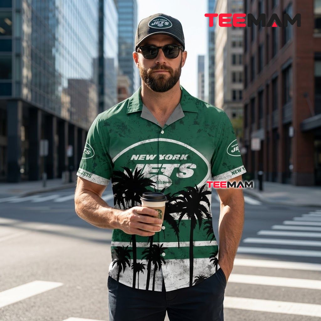 New York Jets Button Up Shirt Palm Silhouette Beach Back New York Jets Button Up Shirt Palm Silhouette Beach Back
