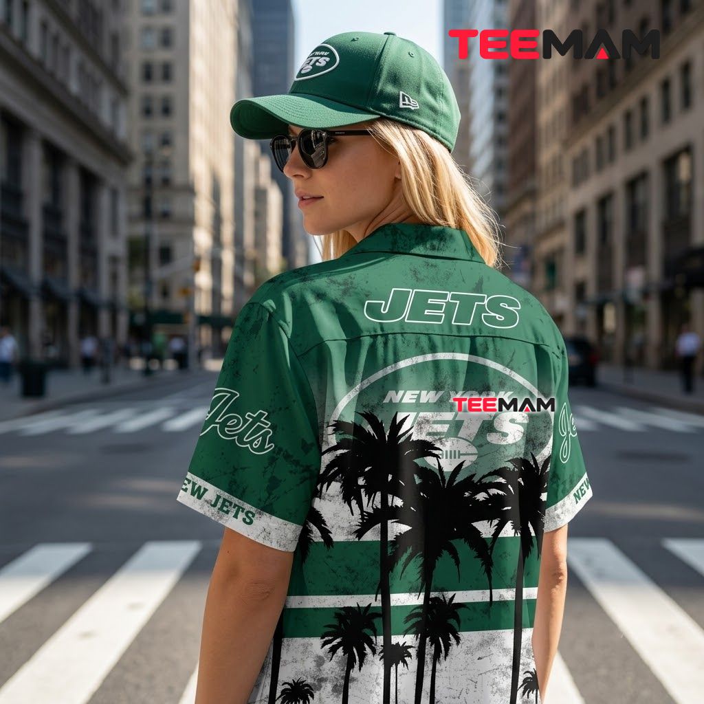 New York Jets Button Up Shirt Palm Silhouette Beach Version 3 New York Jets Button Up Shirt Palm Silhouette Beach Version 3