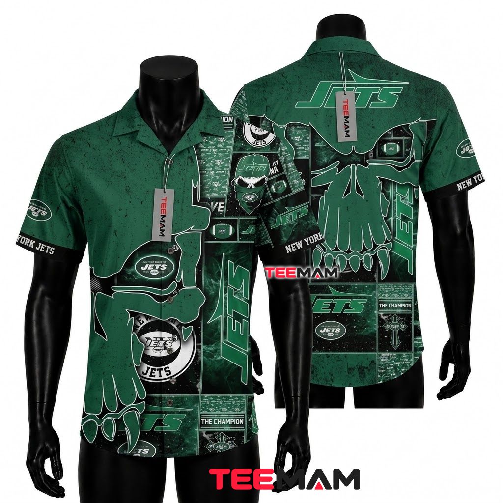 New York Jets Hawaiian Shirt Champion Skull Front