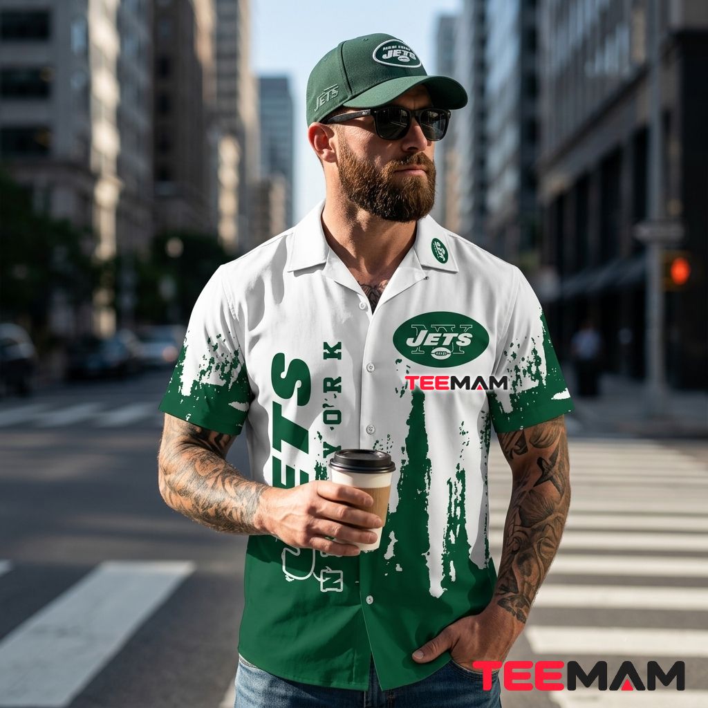 New York Jets Hawaiian Shirt Dripping Gradient Back New York Jets Hawaiian Shirt Dripping Gradient Back