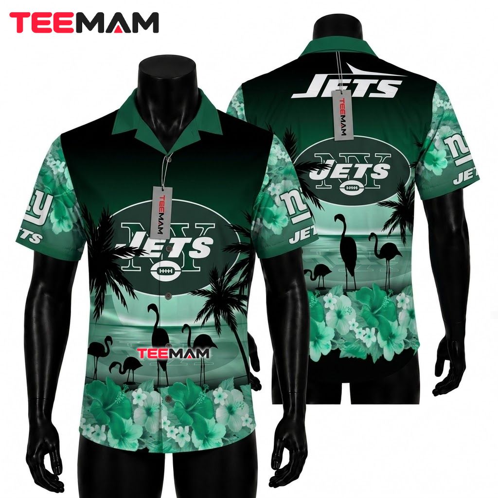 New York Jets Hawaiian Shirt Flamingo Hibiscus Front