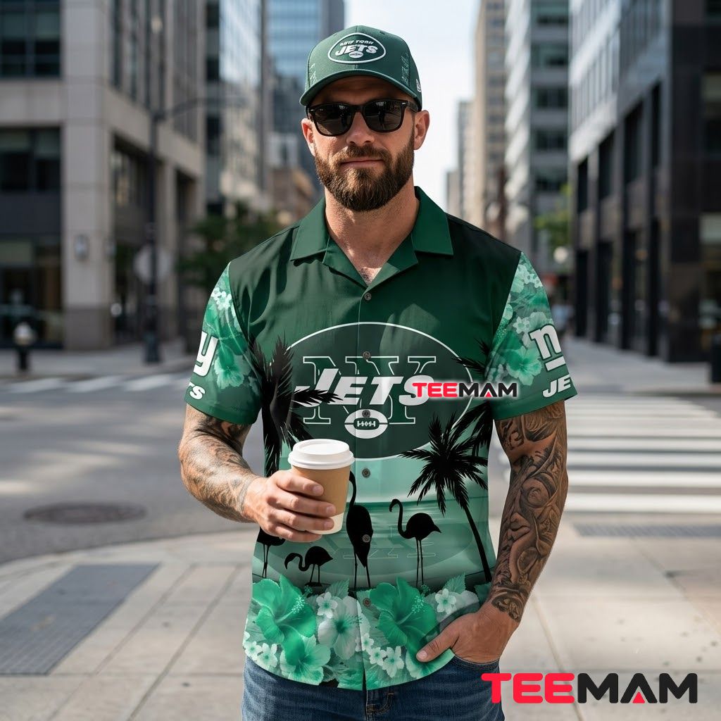 New York Jets Hawaiian Shirt Flamingo Hibiscus Back New York Jets Hawaiian Shirt Flamingo Hibiscus Back