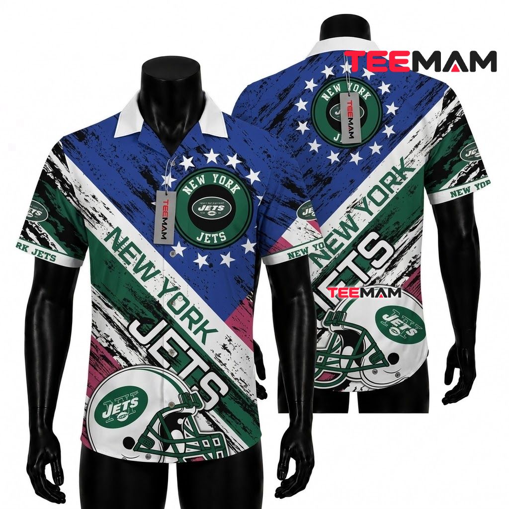 New York Jets Hawaiian Shirt Helmet Stars Front