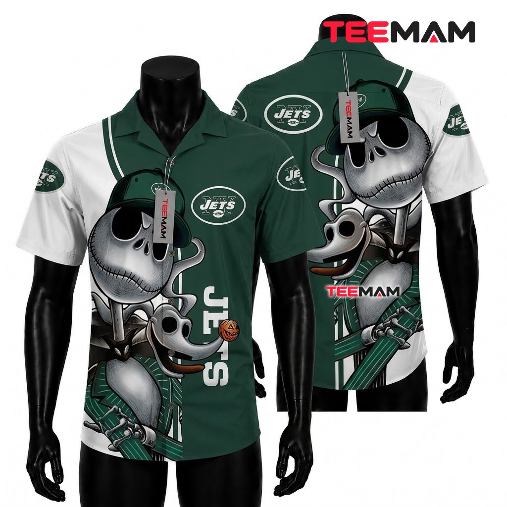 New York Jets Hawaiian Shirt Jack Skellington Front
