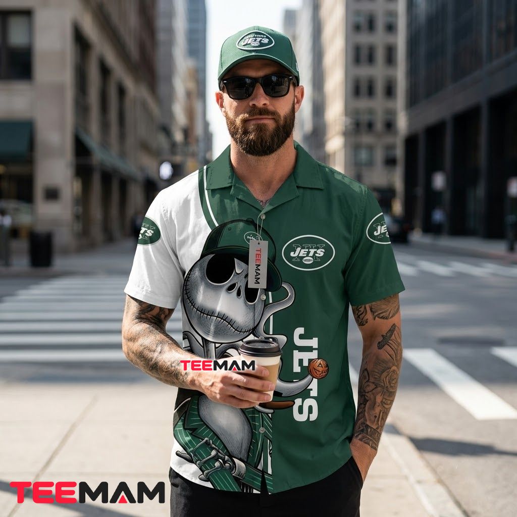 New York Jets Hawaiian Shirt Jack Skellington Back New York Jets Hawaiian Shirt Jack Skellington Back