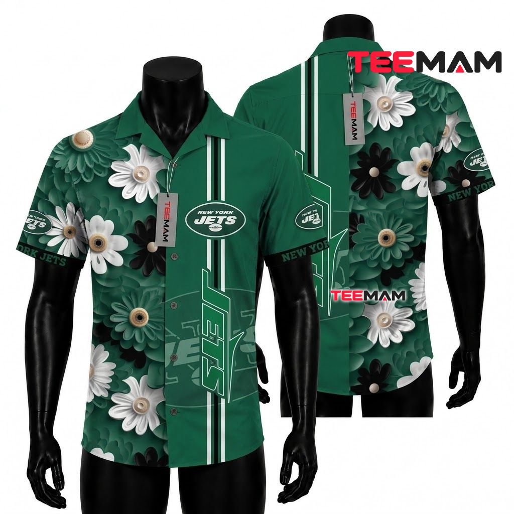 New York Jets Hawaiian Shirt Monochrome Daisy Front