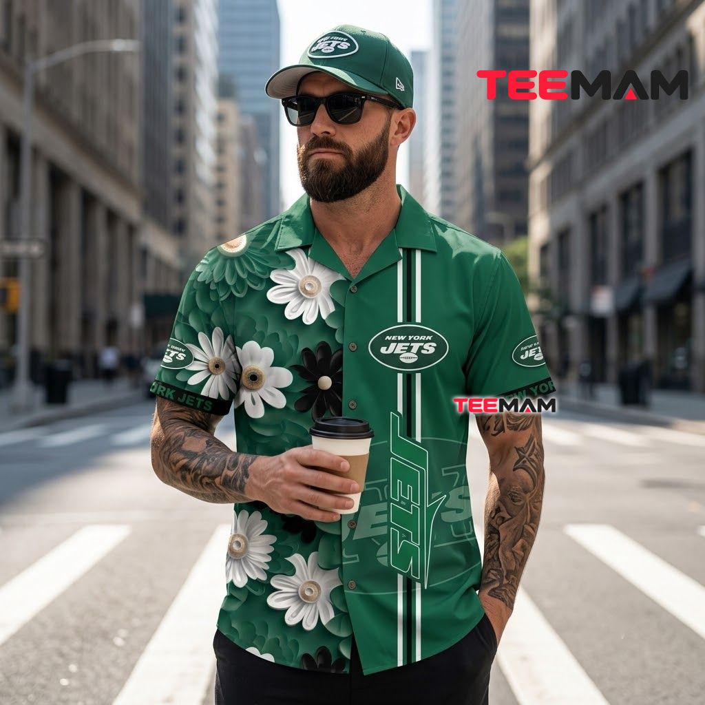 New York Jets Hawaiian Shirt Monochrome Daisy Back New York Jets Hawaiian Shirt Monochrome Daisy Back