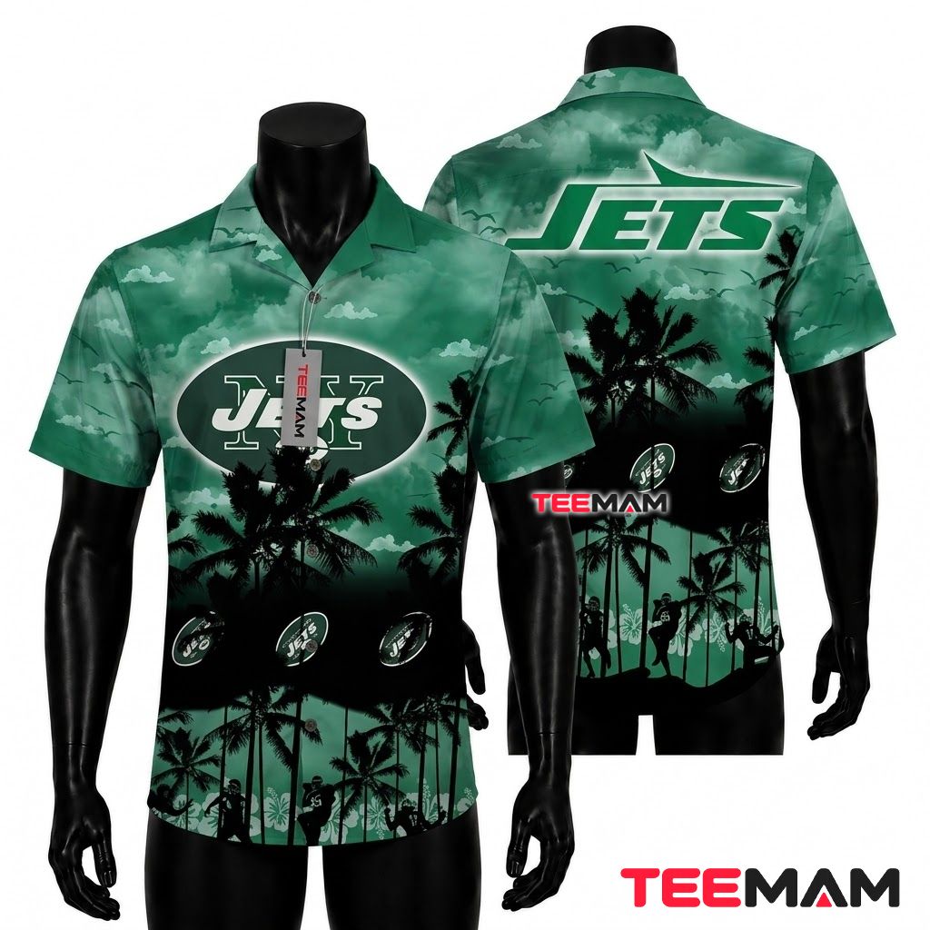 New York Jets Hawaiian Shirt Silhouette Palm Front