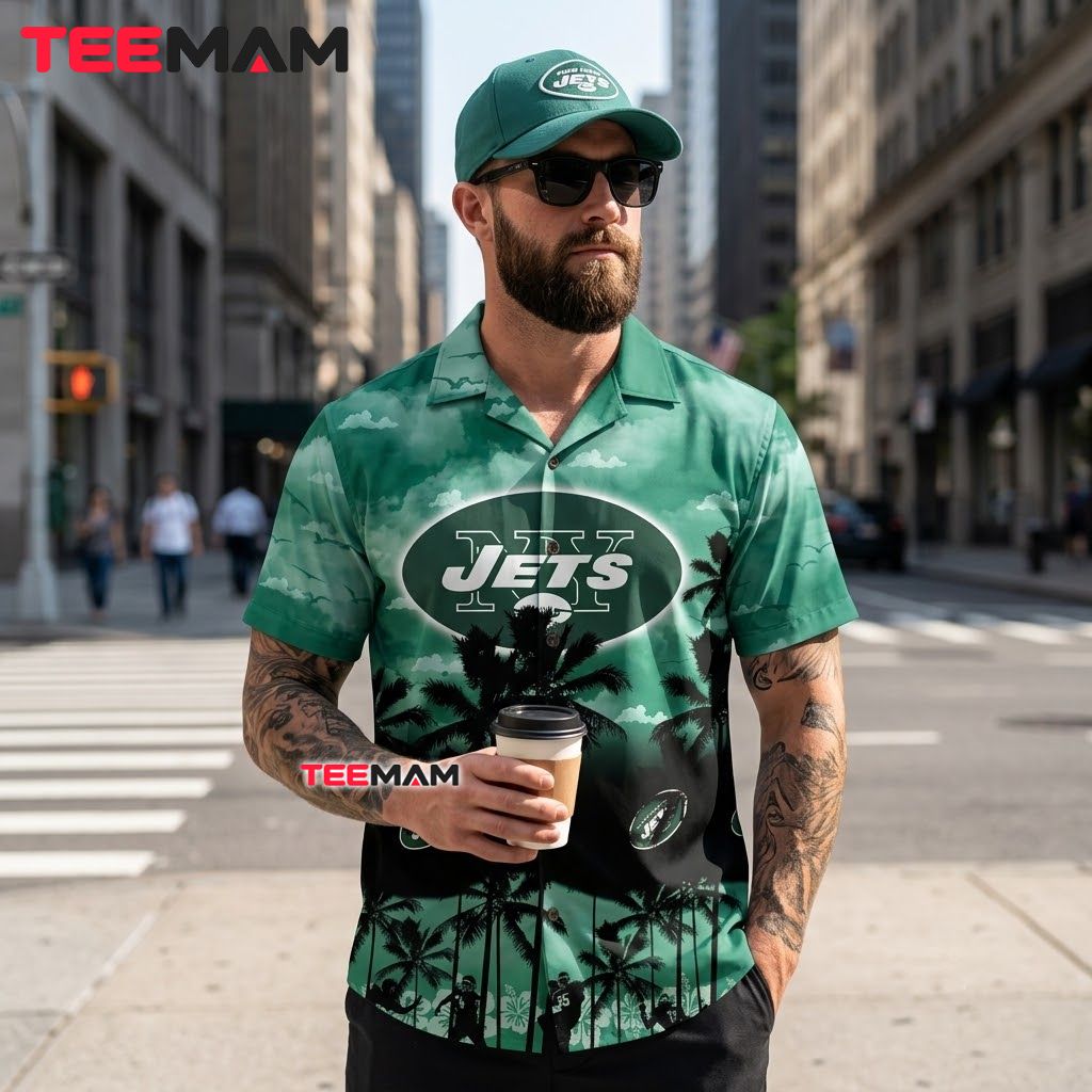 New York Jets Hawaiian Shirt Silhouette Palm Back New York Jets Hawaiian Shirt Silhouette Palm Back