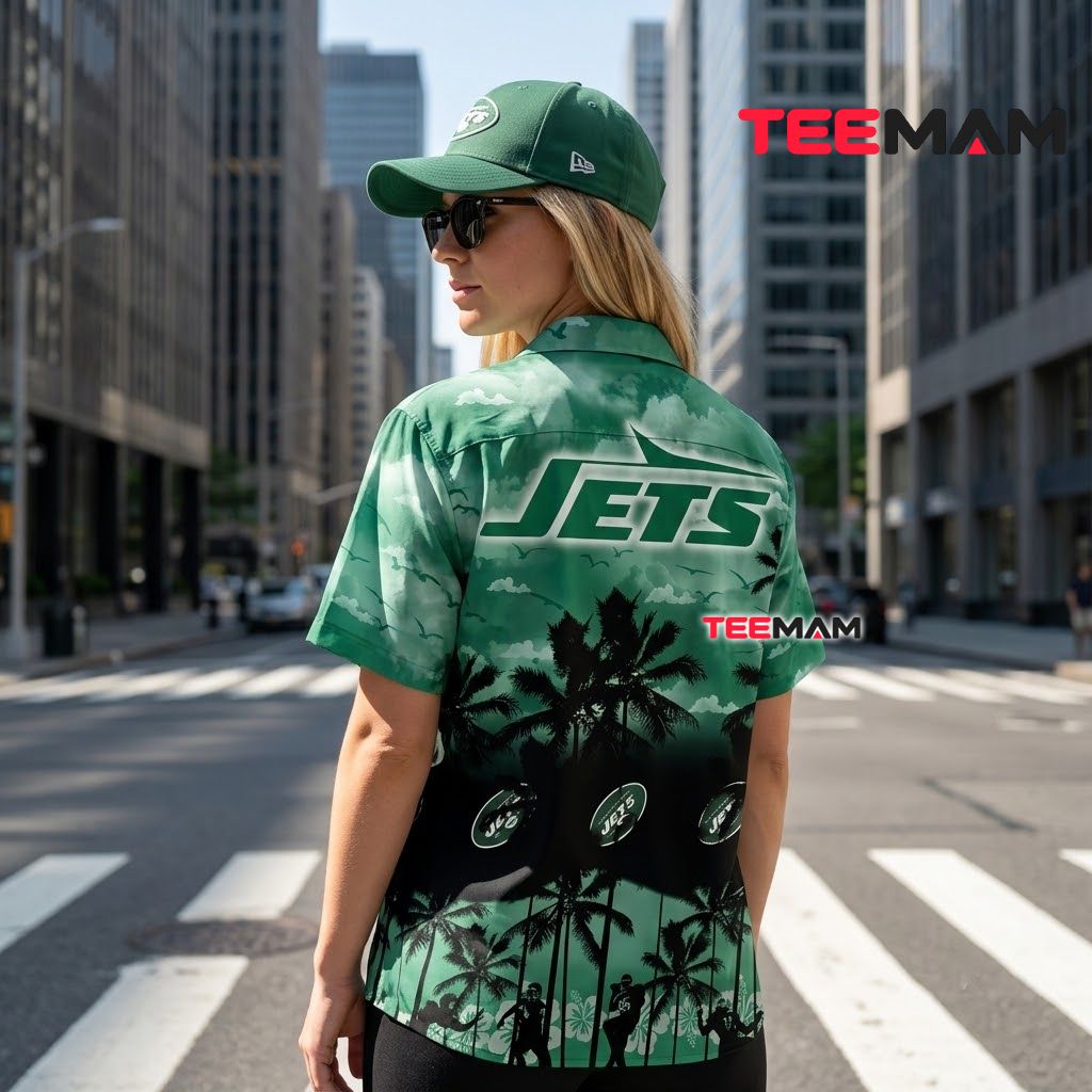 New York Jets Hawaiian Shirt Silhouette Palm Version 3 New York Jets Hawaiian Shirt Silhouette Palm Version 3