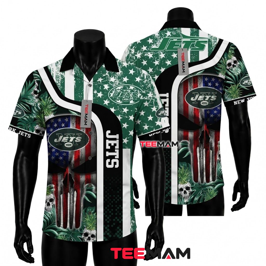 New York Jets Hawaiian Shirt Skull American Flag Front