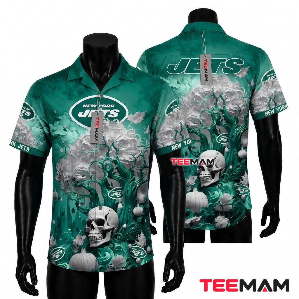 New York Jets Hawaiian Shirt Skull Pumpkin Front