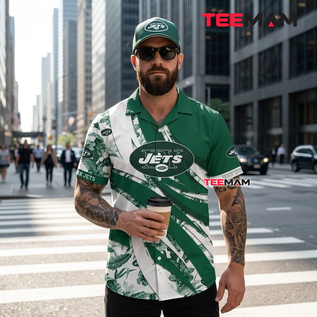 New York Jets Hawaiian Shirt Tropical Leaf Back New York Jets Hawaiian Shirt Tropical Leaf Back