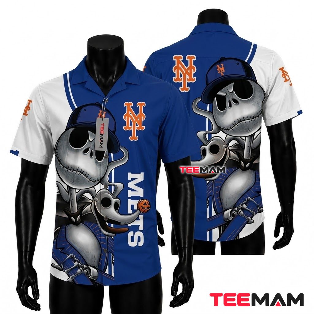 New York Mets Button Up Shirt Jack Skellington Halloween Front