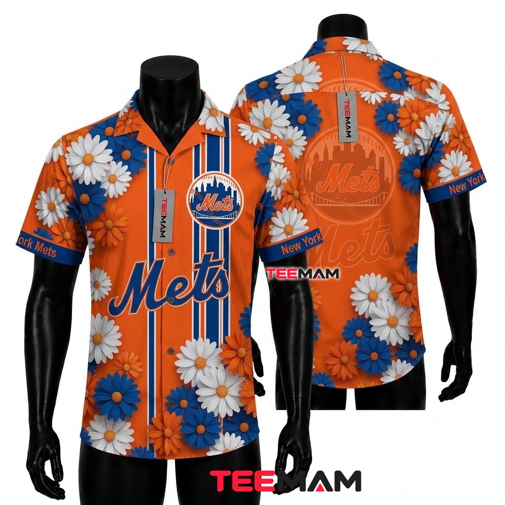 New York Mets Button Up Shirt Orange Daisy Beach Front