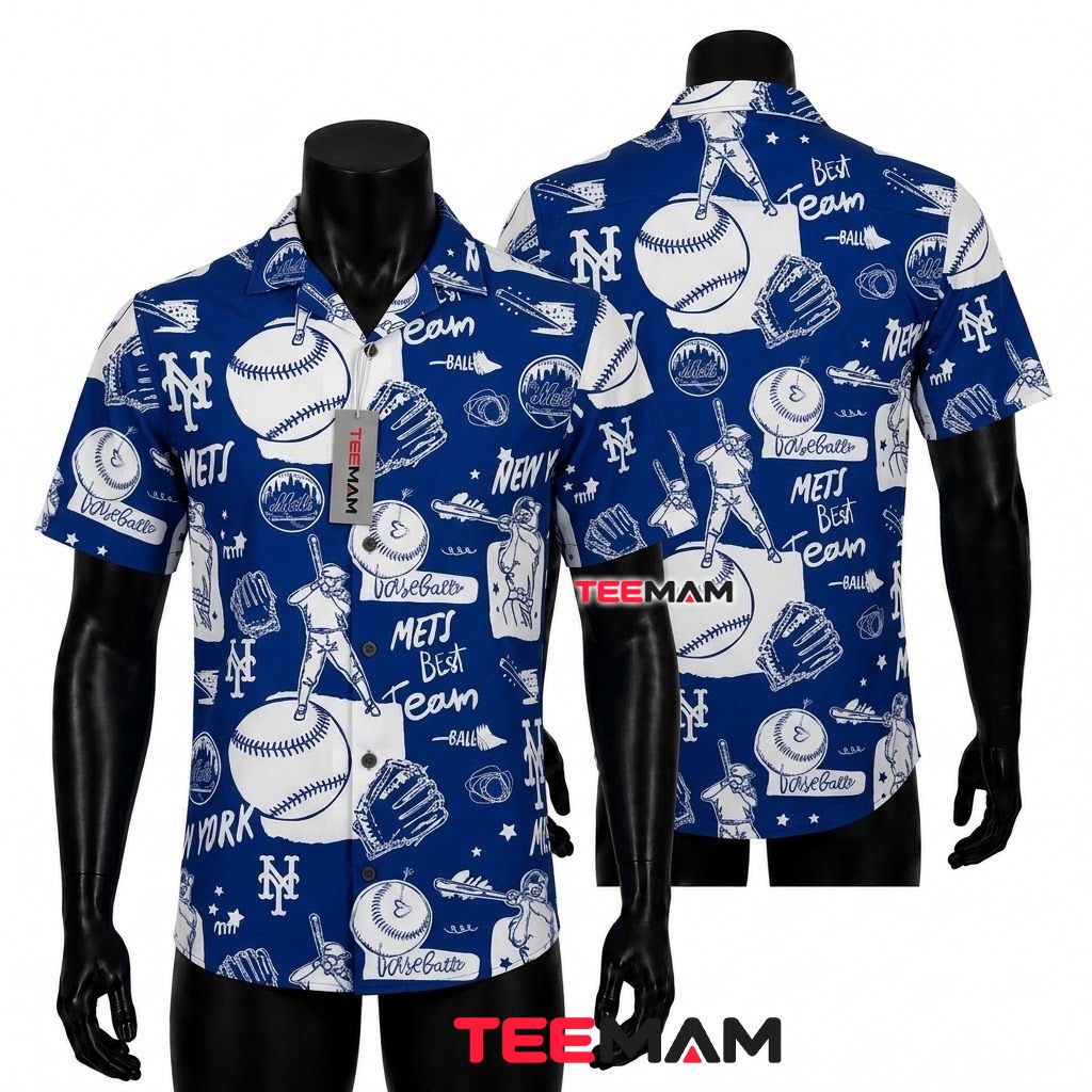 New York Mets Hawaiian Shirt Baseball Sketch Front