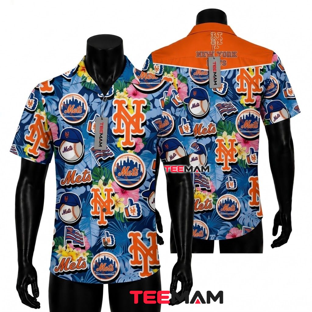 New York Mets Hawaiian Shirt Blue Botanical Front