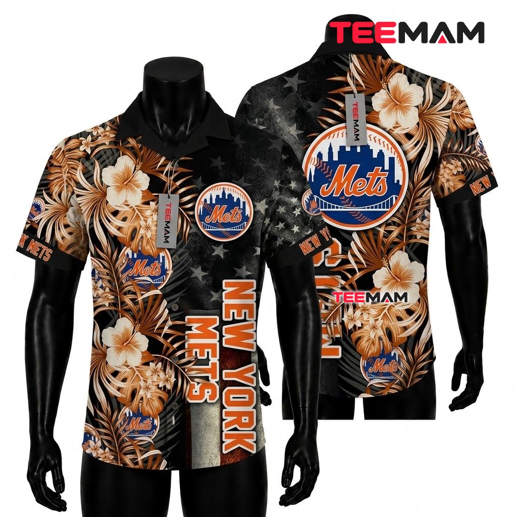 New York Mets Hawaiian Shirt Dark Floral Front