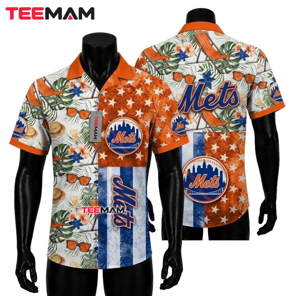 New York Mets Hawaiian Shirt Floral Striped Front