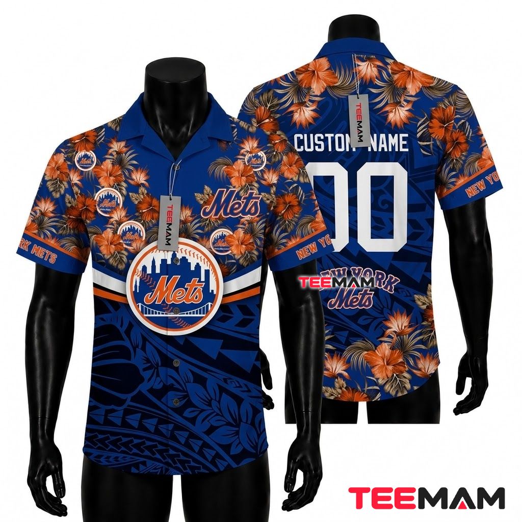 New York Mets Hawaiian Shirt Hibiscus Tribal Front