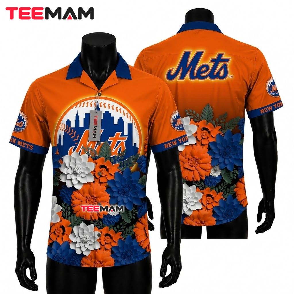 New York Mets Hawaiian Shirt Paper Bloom Front