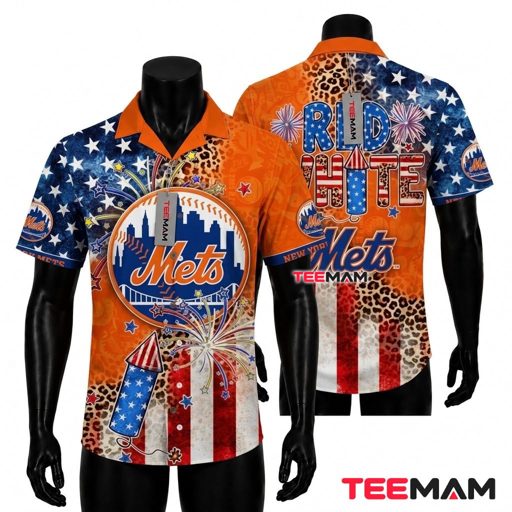 New York Mets Hawaiian Shirt Patriotic Leopard Front