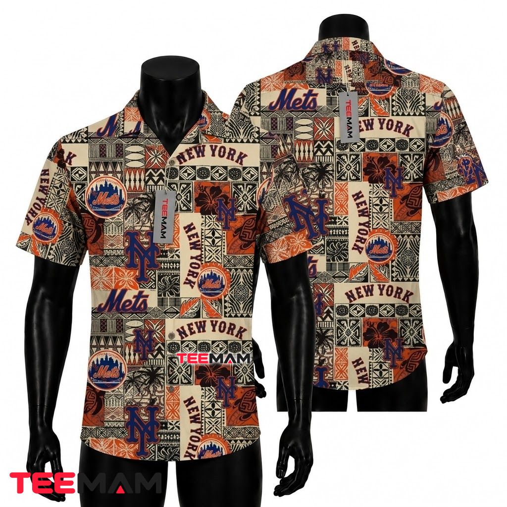 New York Mets Hawaiian Shirt Tiki Patchwork Front